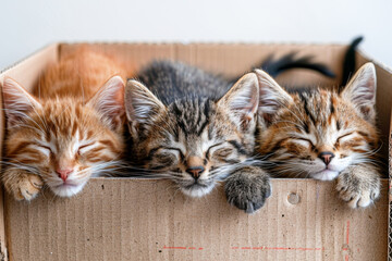 Wall Mural - A cat sleeping soundly in a very cozy cardboard box. Concept for sleep and cats.