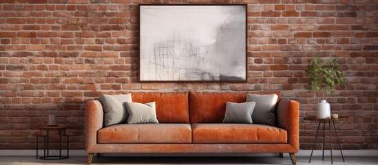 Sticker - A living room with an orange couch against a brick wall. The interior design features wooden flooring and a rectangular window