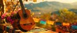 A guitar is sitting on a table next to a potted plant. The scene is set in a beautiful, sunny location with mountains in the background. Scene is peaceful and relaxing