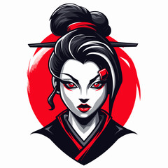 Wall Mural - Vector esports logotype beautiful Japanese geisha woman with red color on white background, logo geisha, icon geisha, sticker geisha, symbol geisha, emblem geisha