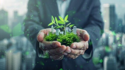 Fototapete - With the backdrop of office buildings, a businessman presents a concept for sustainable development