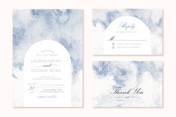 Sticker - wedding invitation set with abstract soft blue watercolor background