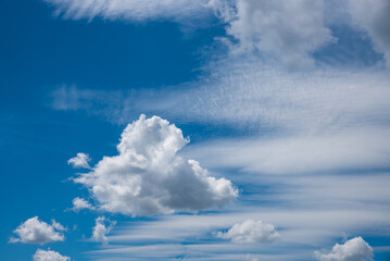 Wall Mural - blue sky with moving cirrus cloud bands and some cluster clouds