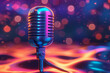 Microphone with waveform on purple background, podcast banner concept