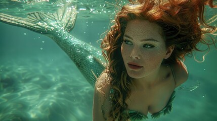 Poster - Beautiful redhair girl swimming. Pretty mermaid woman tail water reflection. Attractive sexy female model. Nature beauty. Clean water. Mystical wet fairytale siren creature. Ocean legend underwater.