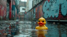 A Yellow Rubber Duck Is Floating In A Puddle Of Water