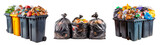 Fototapeta Do przedpokoju - Gestión de basuras y residuos.
Contenedores de basura llenos de residuos aislados sobre fondo transparente.
