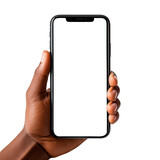Fototapeta Mapy - Mano sosteniendo un moderno teléfono móvil.
Mock-up de teléfono celular con pantalla blanca sobre fondo transparente.