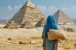 Ancient egyptian pyramid cute woman. Travel old sand. Generate Ai