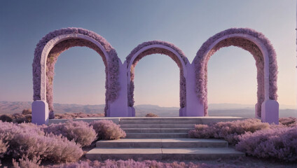 Sticker - Floating Arches and Serene Podium, Panoramic View, Tranquil Skyline.