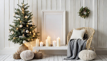 White blank wooden frame mockup with Christmas tree, candles, linen cushions and plaid on the white bench. Poster product design. Scandinavian home decor, nordic design