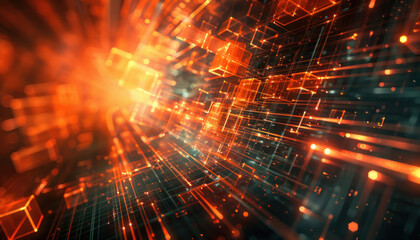 Wall Mural - Dynamic abstract image with a sense of digital technology, featuring a glowing lattice structure in an orange hue