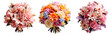 flores multicolores de diferentes especies.
Conjunto de hermoso ramo de novia aislado sobre fondo transparente.