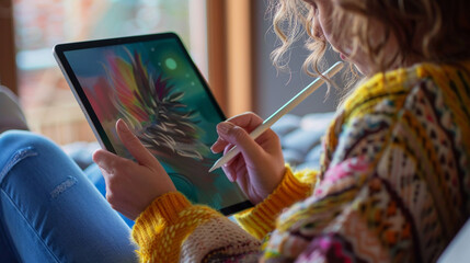 Girl draw on tablet.