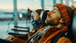 Tired passengers sleeping in airport. 