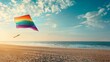 Colorful Pride Flag Soaring High Against a Beautiful Sunset Beach Backdrop