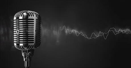 Wall Mural - A vintage microphone with sound waves on dark background for podcast banner