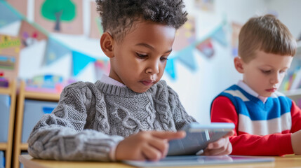 Poster - two young boys engaged with tablet computers, likely in a classroom setting with educational toys and decorations in the background.