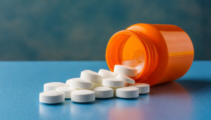 Wall Mural - White pills in orange bottle on blue background close up with copy space