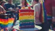 Colorful Celebration: A Snapshot of a Vibrant Rainbow Layer Cake at an Outdoor Party