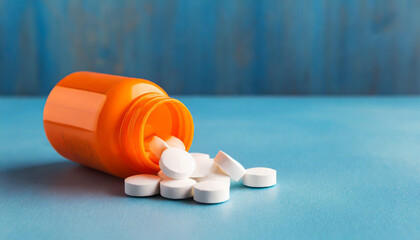 Wall Mural - White pills in orange bottle on blue background close up with copy space