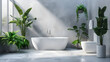 Sunrays filter through the window, casting shadows among the greenery in a modern bathroom