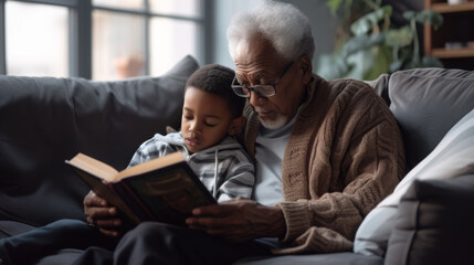 Canvas Print - grandfather and his grandson are reading a book together