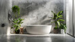 A chic bathroom with striking grey cloudy textures and lush plants that evoke a relaxing spa environment