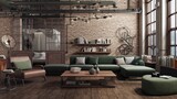 Fototapeta  - Loft living room interior adapted as a modern and spacious apartment. Industrial character is given by bricks walls, parquet floors and large windows. Behind the sliding doors is a bedroom. 3D render