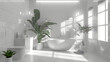 An all-white bathroom featuring a minimalist design, striking shadows, and plants bringing life and contrast to the space