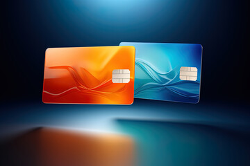 Two credit cards with a blue and orange design