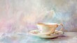A delicate porcelain tea cup set against a soft pastel background