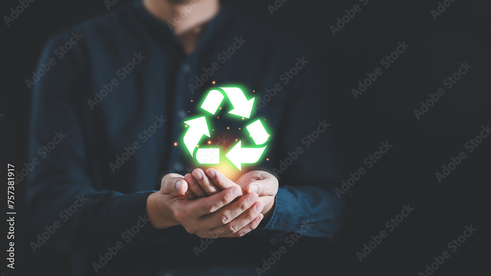 Man hand holding reduce reuse recycle symbol, Ecological and save the ...