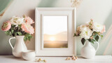 Fototapeta Koty - Mock up square frame with home decor and potted plants. White shelf and wall. Copy space.