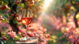Fototapeta  - Glass of apple wine against the backdrop of a blooming garden. Free space for text.