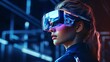 Girl immerses in virtual reality. Amazing AR adventure awaits exploration.