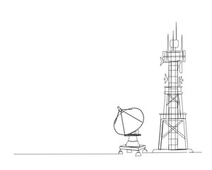 Continuous one line drawing of satellite tower and satellite disc. Communication tower and satellite disc in simple outline illustration. Editable stroke.