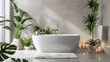 © Reiskuchen - Elegant and serene bathroom design featuring a standalone bathtub with green plants and soft lighting, showcasing a relaxing environment