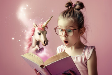 little girl with glasses with an open book showing excitement and surprise with the story, a cute pink unicorn and magic dust comes out of the pages, pink background, concept of discovering reading