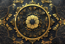 Intricate Golden Floral Mandala Design On Dark Textured Background, Ceiling Design 