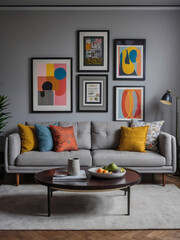 Sticker - Light grey sofa paired with multicolored pillows against a wall adorned with art poster frames, capturing the dynamic essence of pop art and Scandinavian design in a modern living room.