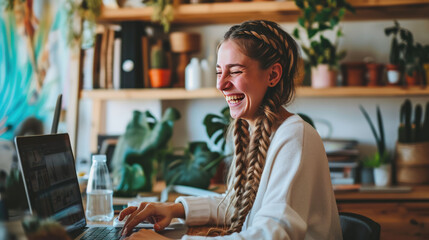 Wall Mural - Young woman is focused on working on her laptop in a modern office