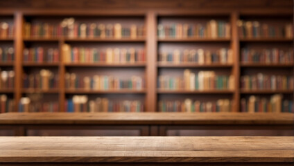 Empty wooden table for product display with blurry library background