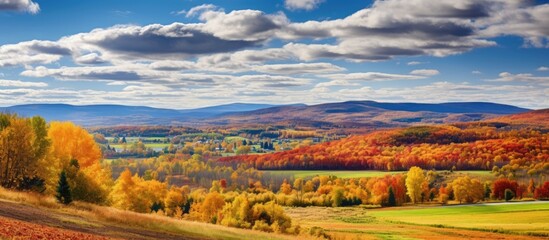 Canvas Print - An art depicting a natural landscape with trees in the foreground, mountains in the background, cumulus clouds in the sky, and grassland leading to the horizon