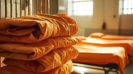 Sticker - orange prison suit folded washed inside the prison in a cell in high resolution and high quality