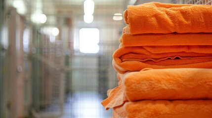 Wall Mural - orange towels folded for prisoners in a jail