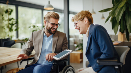 Poster - Person i wheelchair having a pleasant conversation, with another coworker in the office.