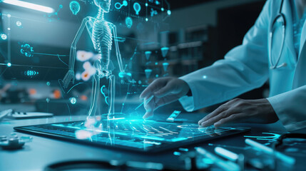 Poster - Healthcare professional is using a tablet that displays a holographic projection of a human anatomy model, showcasing various internal systems.