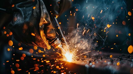 Wall Mural - Welder hand weraing gloves welding in workshop hot metal