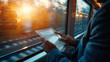 A man is holding a tablet in front of a window, possibly on a train. The tablet is open to a page with a sunset in the background